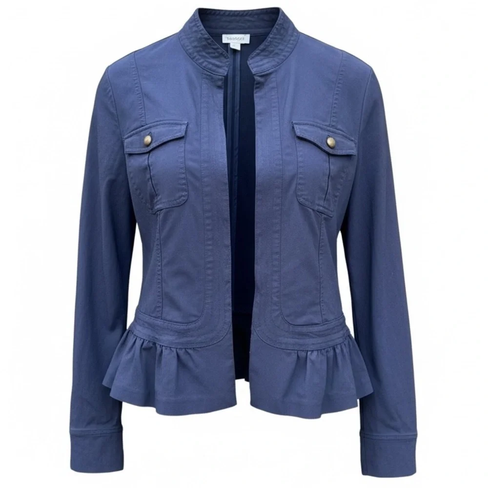 Westport Navy Ruffle Peplum jacket Open Front Stretch size XL - Picture 1 of 15